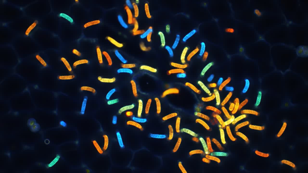 Microorganisms in vibrant colors are interacting and moving in a fluid environment. The visualization showcases their behavior, highlighting the complexity of life at a microscopic level.
