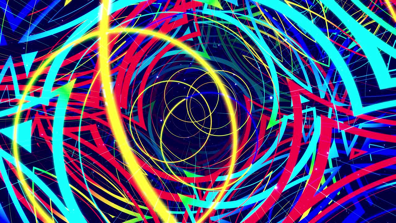 diseño de movimiento moderno vj bucle bg volando a través del espacio de arte de círculos brillantes líneas con luz de neón y color gradiente arco iris. bucle hermoso fondo creativo colores vívidos. gráfico de movimiento