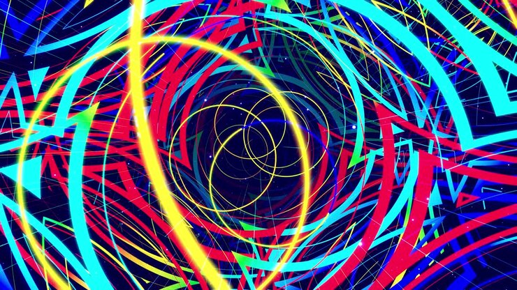 Modern motion design vj loop bg flying through the art space from glowing circles lines with neon light and rainbow gradient color. looped beautiful creative background vivid colors. Motion graphic