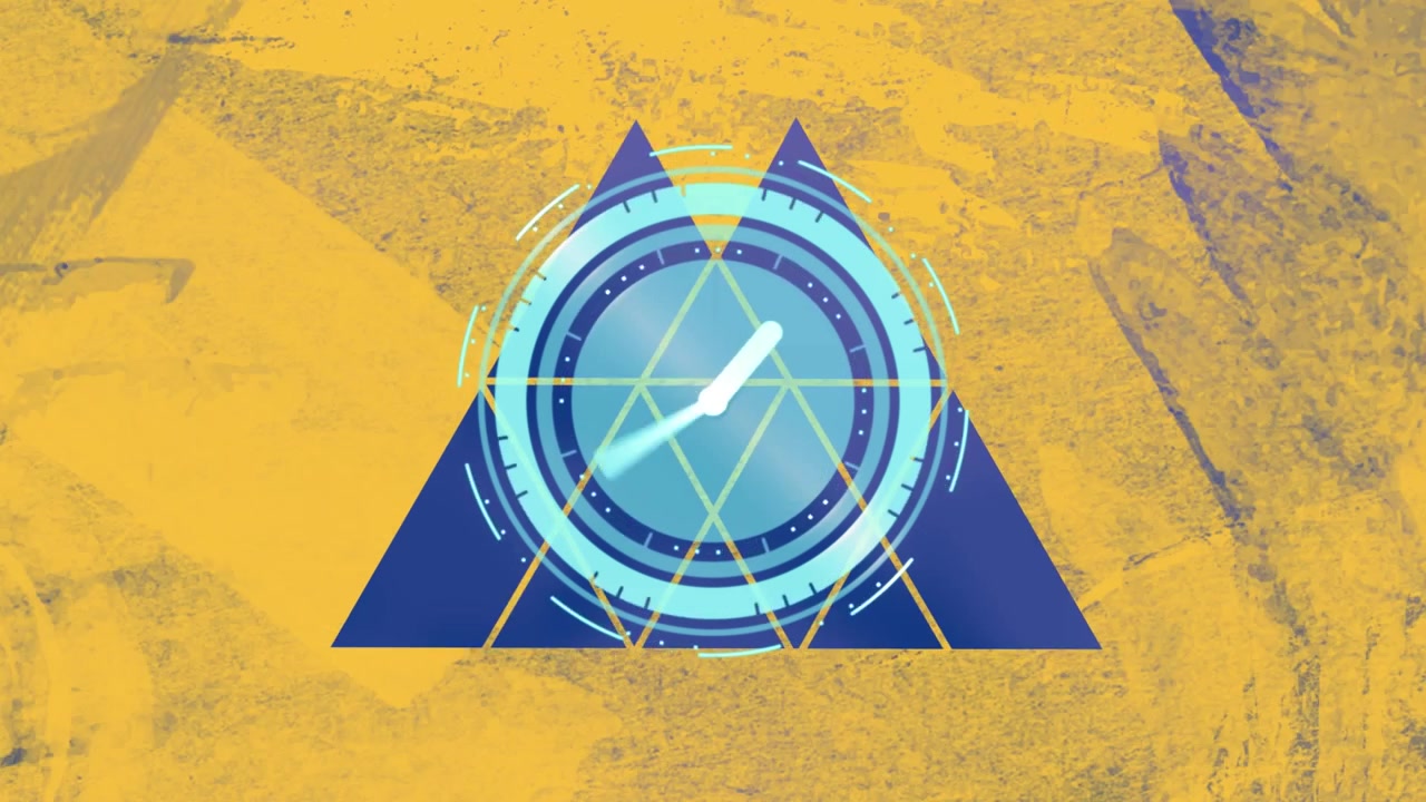 Animation of neon ticking clock over abstract triangular shape against grunge yellow background
