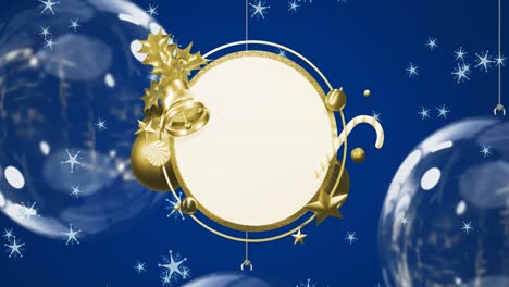 Animation-of-christmas-decorations-around-white-circular-sign-over-falling-stars-on-blue-background