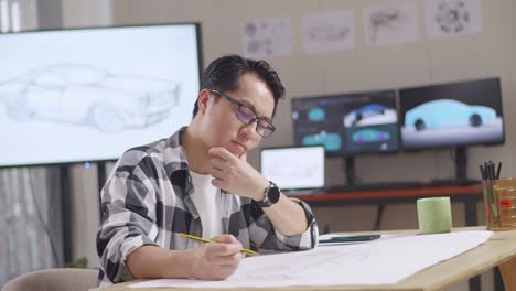 side view of asian male thinking about new car concept while working on a car design sketch on table in the studio with tv and computers display 3d electric car model