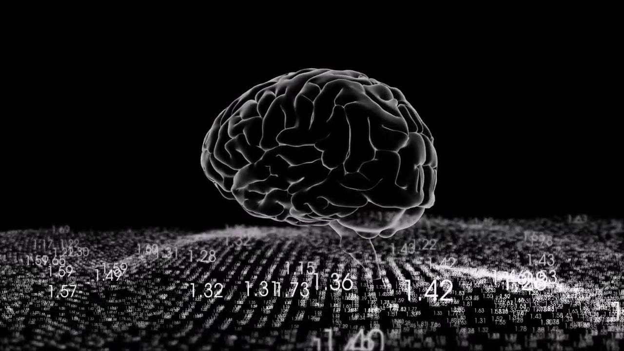 At start, translucent 3D brain model rotating over pulsing numeric grid, illustrating data flow