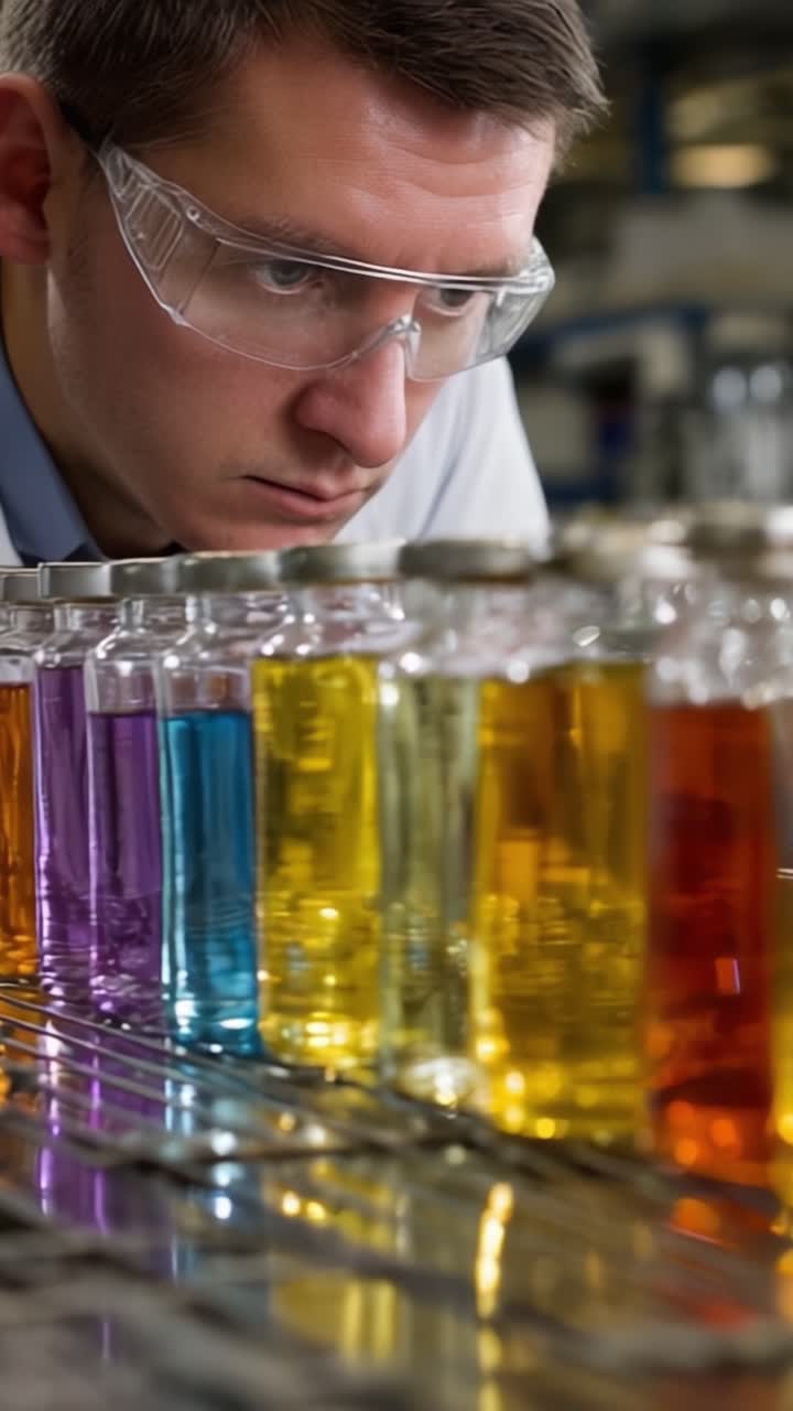 Scienziato che Analizza Soluzioni Colorate in Bottiglie da Laboratorio: Un'Osservazione Ravvicinata di Reazioni Chimiche e Sperimentazione in un Ambiente di Laboratorio Scientifico