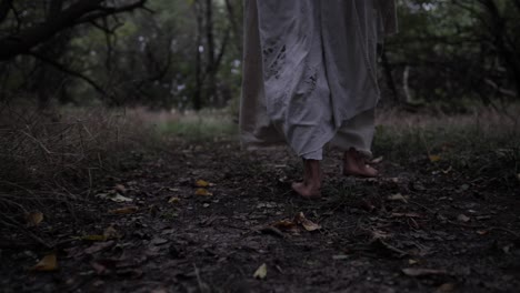 jesús o hombre vestido caminando a través de los árboles del bosque en cámara lenta