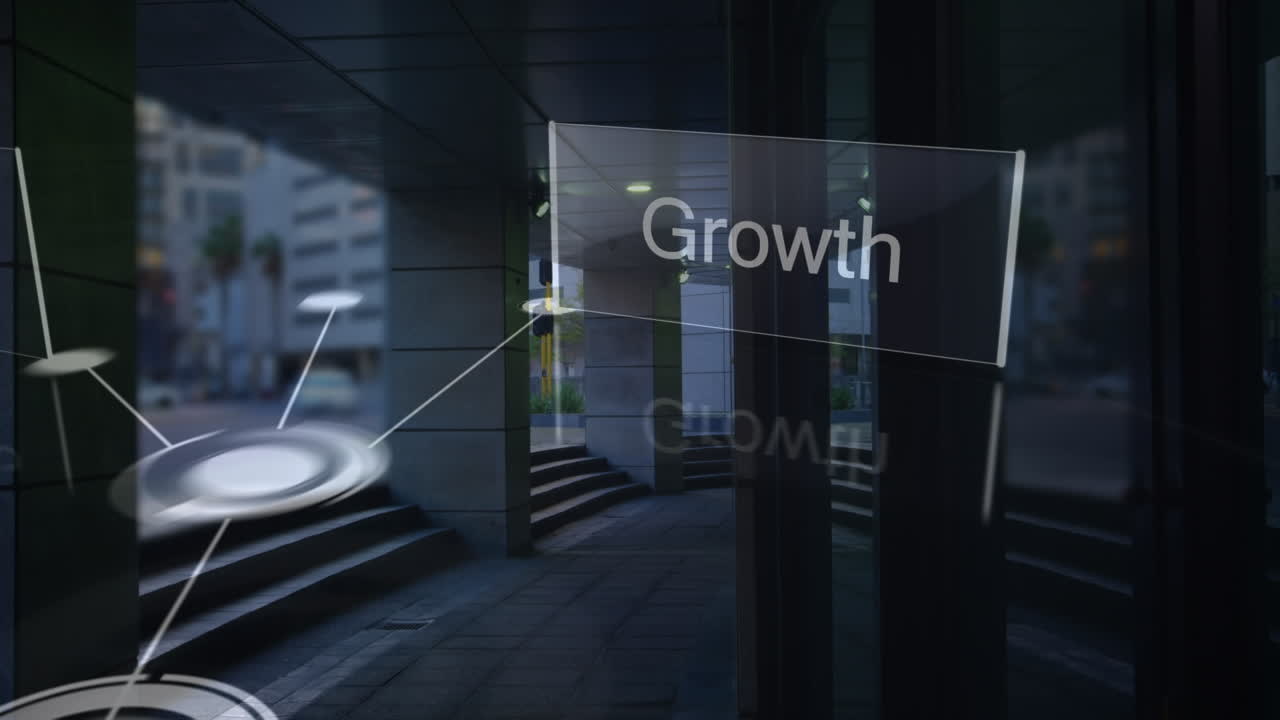 연결 네트워크의 애니메이션과 도시 풍경에 대한 성장 텍스트