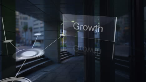 animation of network of connections and growth text over cityscape