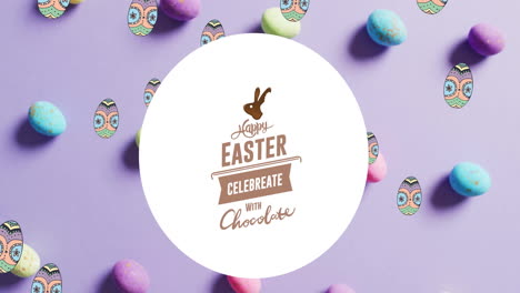 animation of happy easter text over colourful easter eggs on purple background