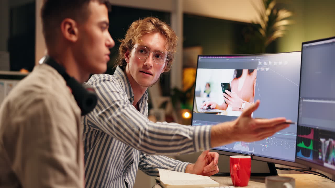 Two men working on image editing