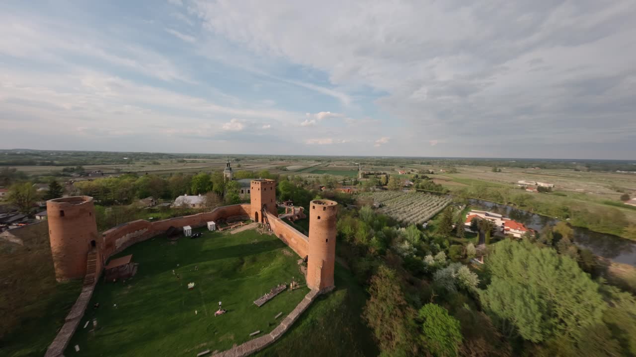 Aerial view of Czersk Castle, gothic ruins in Polish countryside