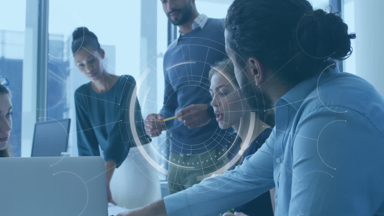 Animation of round scanner over team of diverse colleagues discussing together at office