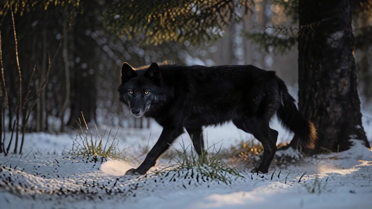 Walking single black wolf investigating scent on snowy ground in pine forest, rim-lit sunlight