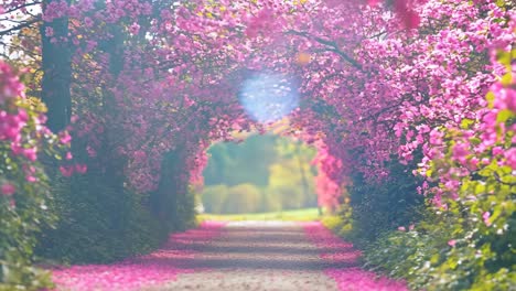 a tunnel of pink flowers in the middle of a road