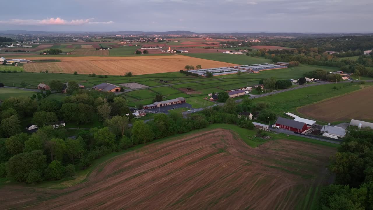 Traffic on road between agricultural farm fields golden sunset. American Suburb neighborhood with farmsteads. Aerial forward wide shot.