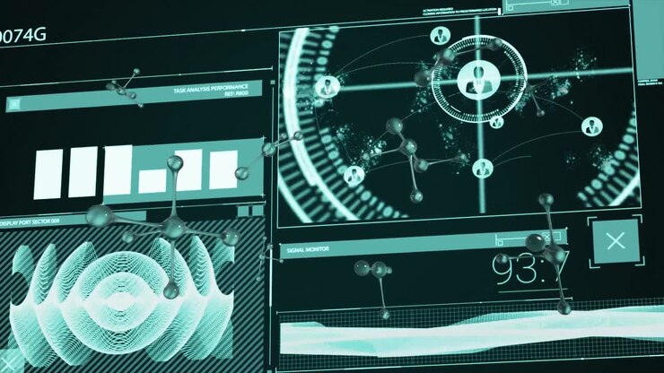 Animation of scope scanning, molecules moving, data processing on screens on black background