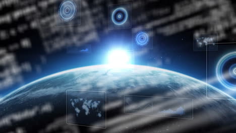 animation of digital data and graphs overlaying earth with glowing light in space