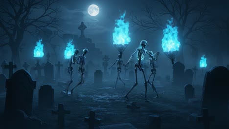 A Haunting Moonlit Dance of Skeletons in a Graveyard with Ethereal Blue Flames Lighting the Night, Creating a Chilling Yet Playful Atmosphere Amidst Tombstones