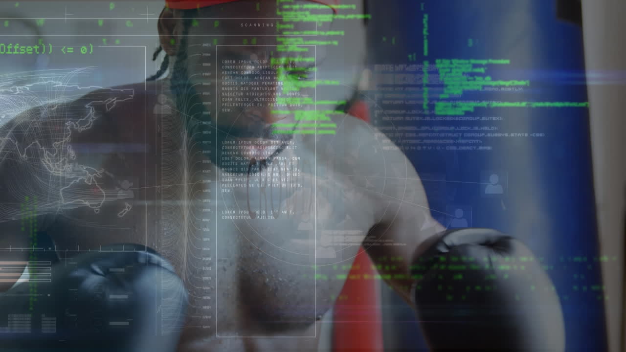 Animation of programming language, map on african american male boxer preparing for boxing training