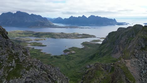 Djevelporten-Viewpoint-and-Hiking-Trail-in-Svolvaer,-Lofoten-Islands,-Norway---Aerial-4k-Backwards