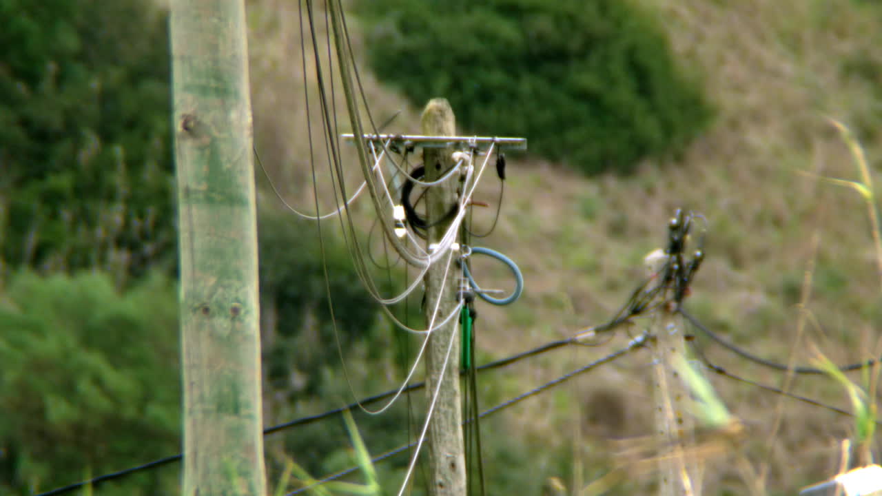Electricity wire arrangement outdoors on poles.