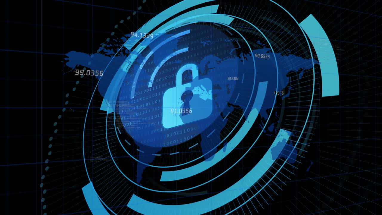 Animation of security padlock on round scanner over world map against black background
