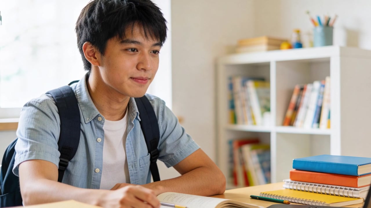 看到手提電腦，穿藍色恤衫、背著背囊的學生在家中書桌前，使用筆記型電腦學習和書寫。