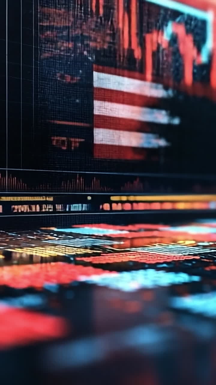 Data graphics for market analysis. Colorful stock market data displays trends and movements at a trading station during the day.
