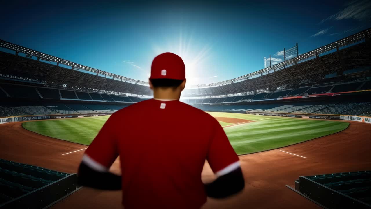Un concept video drammatico che mostra un giocatore di baseball di spalle, in piedi in uno stadio illuminato dal sole