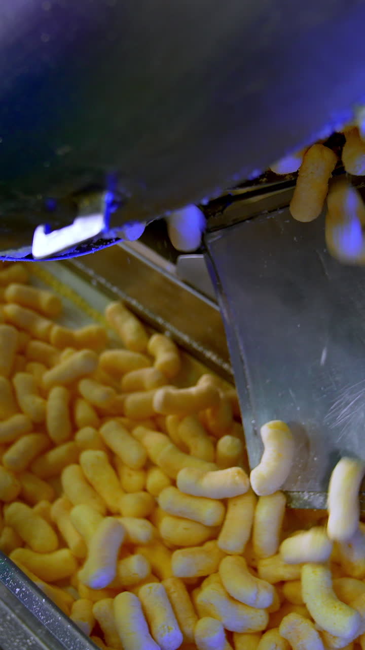 Sweet golden corn sticks factory. Puffcorn making close up. Vertical video