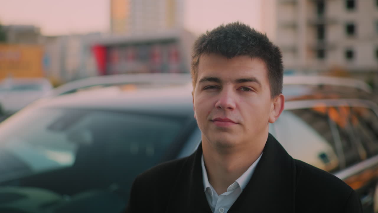 미묘한 미소로 차 근처에 서있는 은행가, 배경에는 주차된 자동차와 황혼에 멀리 떨어진 건물이 있으며, 도시 환경에서 성공을 누리는 자신감있는 비즈니스 전문가를 묘사합니다.