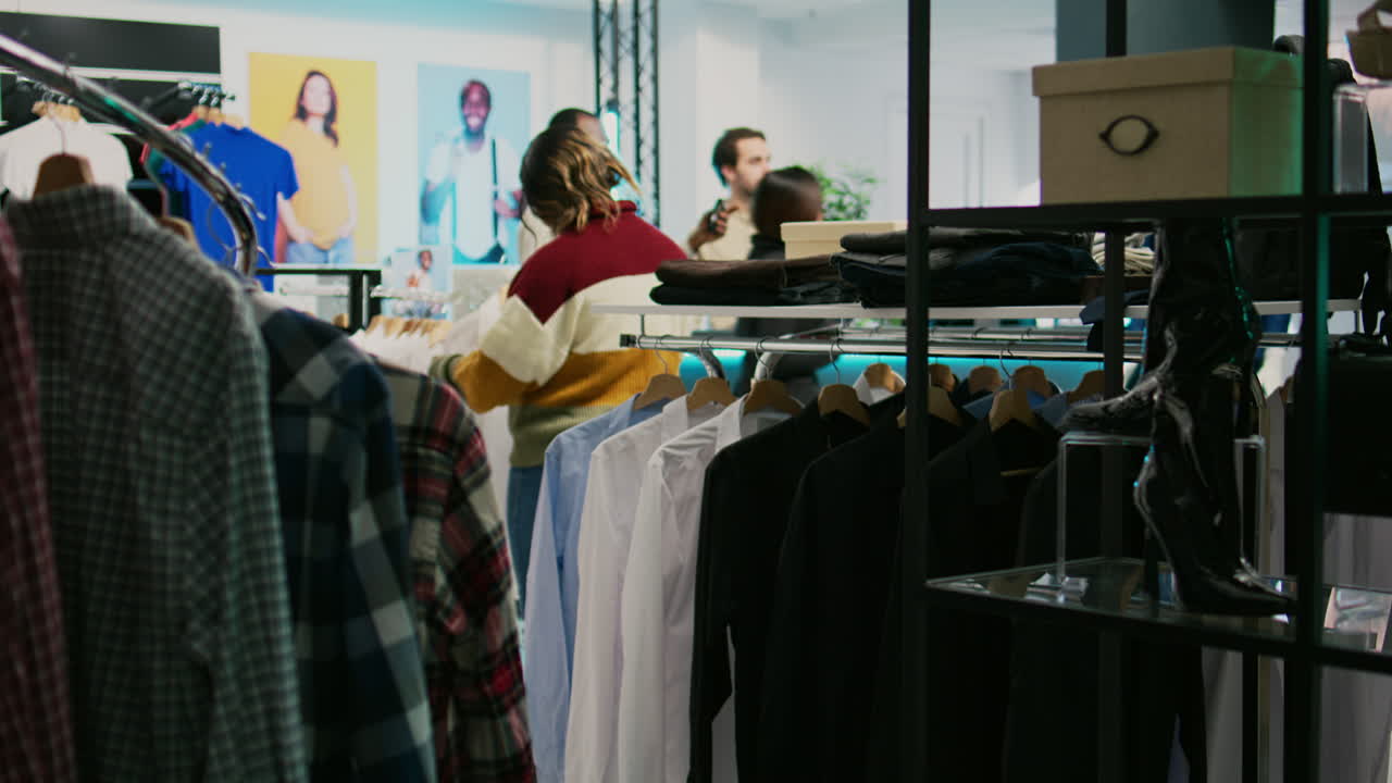 Clothing store with racks of shirts and customers