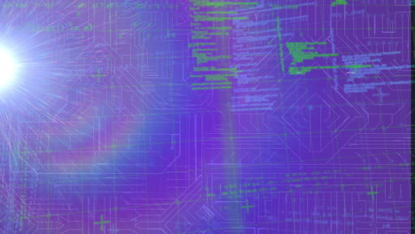 animación del código de programación digital y el patrón de cuadrícula y la luz que se mueve sobre la placa de circuitos gráficos