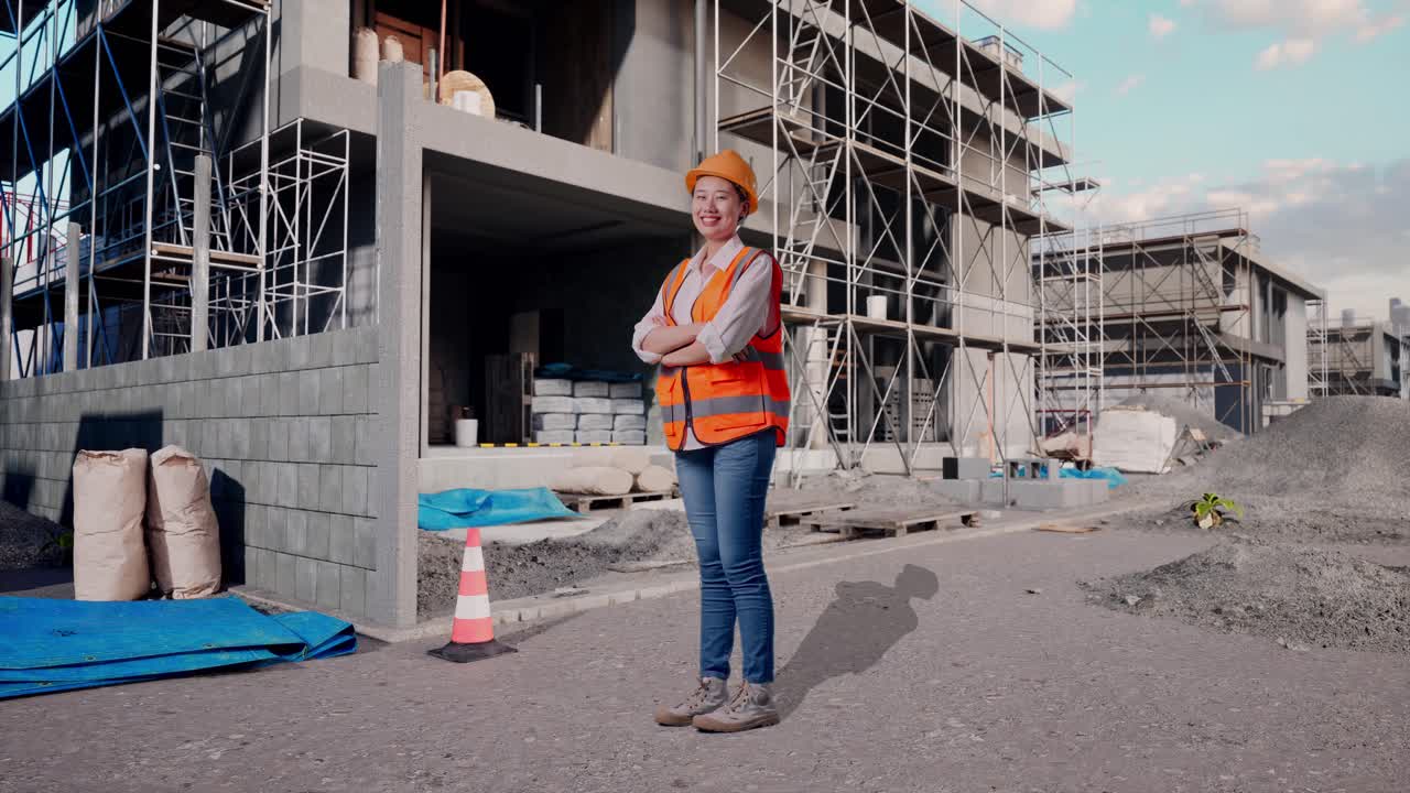 Vista lateral de corpo inteiro de engenheira asiática com capacete de segurança cruzando os braços e olhando ao redor enquanto está em um canteiro de obras em andamento para uma nova casa