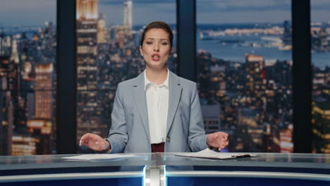 smiling journalist presenting news at night studio closeup. anchor woman talking