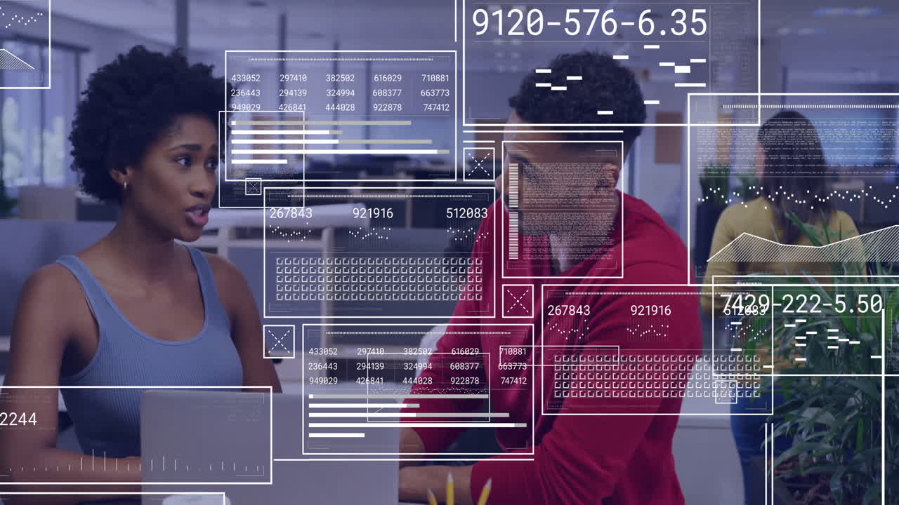 Animation of data processing and diagrams over diverse colleagues talking