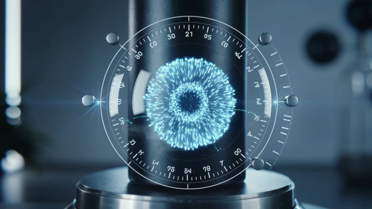 Animating matte cylinder emitting blue particle as HUD brightening for startup on turntable