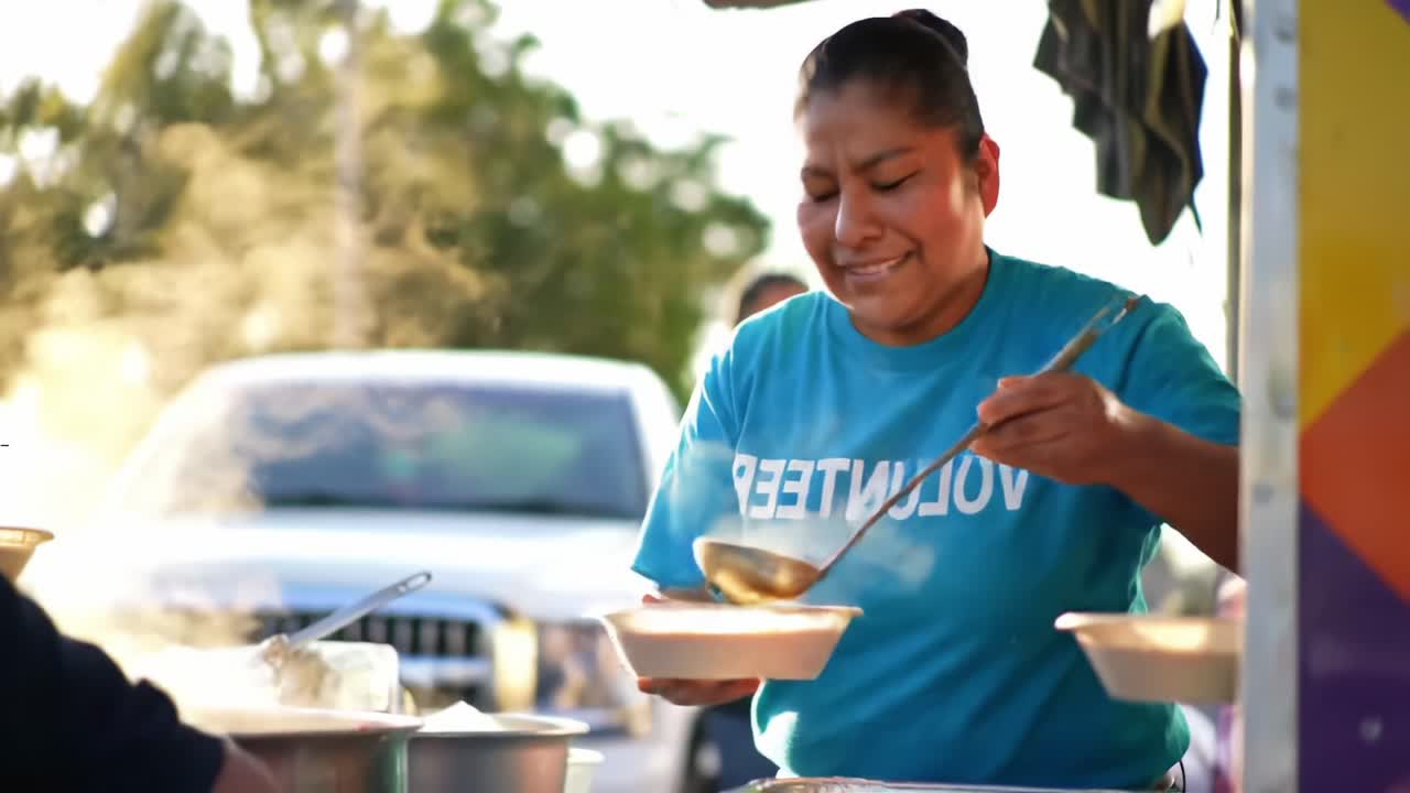 Dedicated Volunteer Serving Delicious Hot Food at a Community Event, Spreading Joy and Warmth Through Culinary Generosity in a Sunny Environment