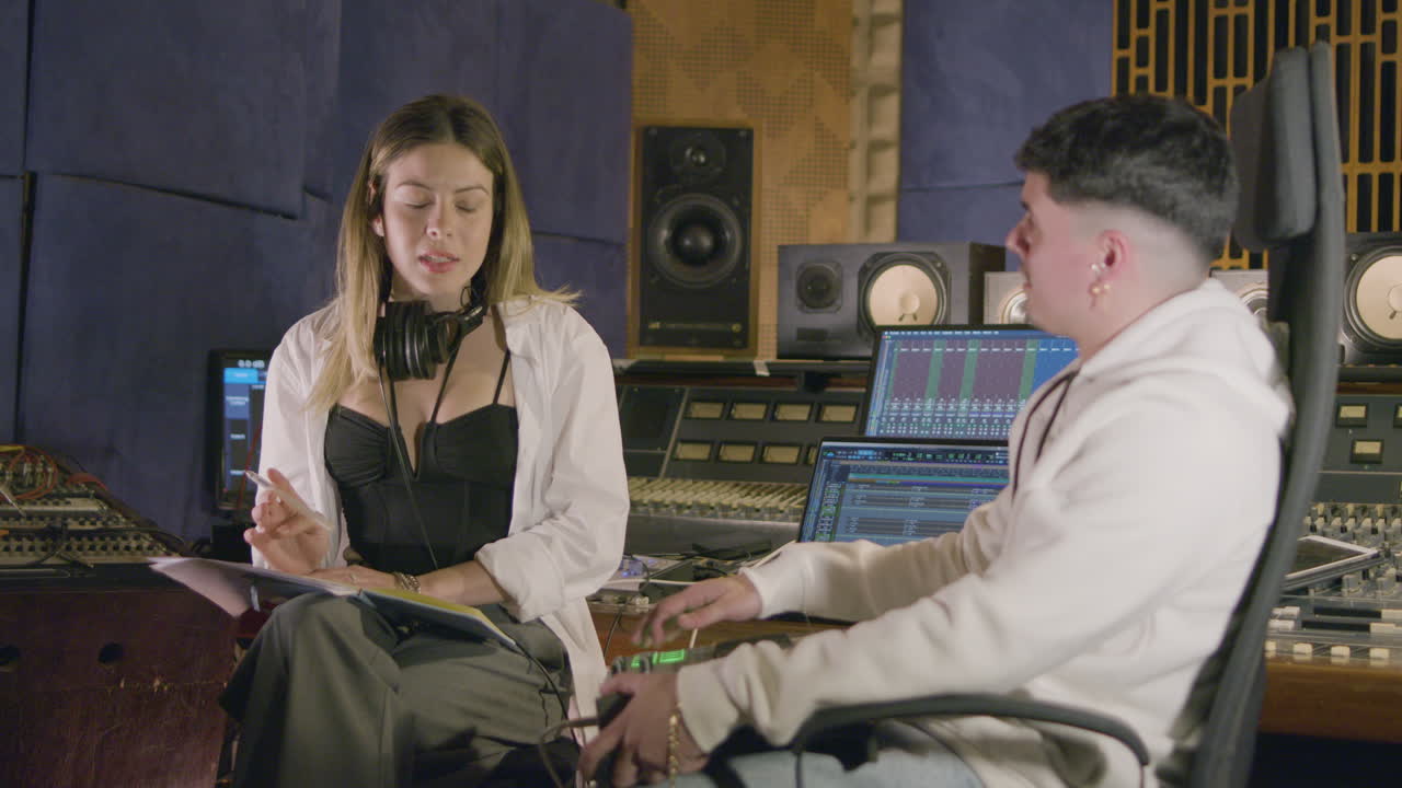 zwei talentierte musiker, die im musik-aufnahmestudio arbeiten