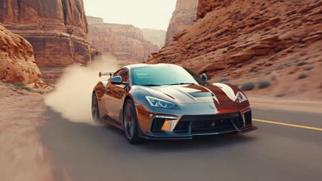 sports car drifting through a desert canyon