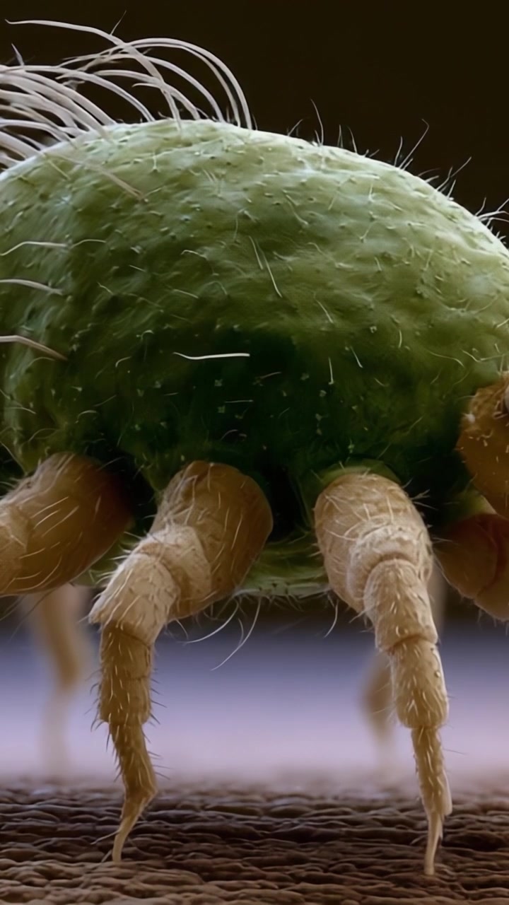 Nærbillede af et lille grønt spindyr med detaljeret tekstur og fine hår, der fanger de indviklede detaljer i dets unikke anatomi og træk i makrofotografi.