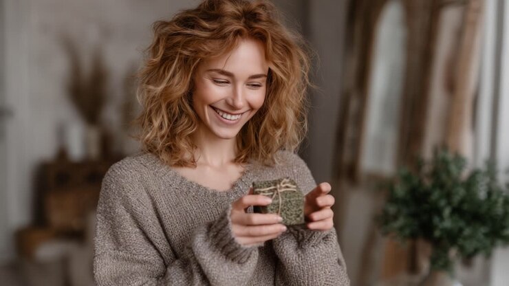 Joyful Moments: A Woman with Curly Hair Delights in Holding a Small Gift, Capturing the Essence of Happiness and Connection in a Cozy Indoor Setting