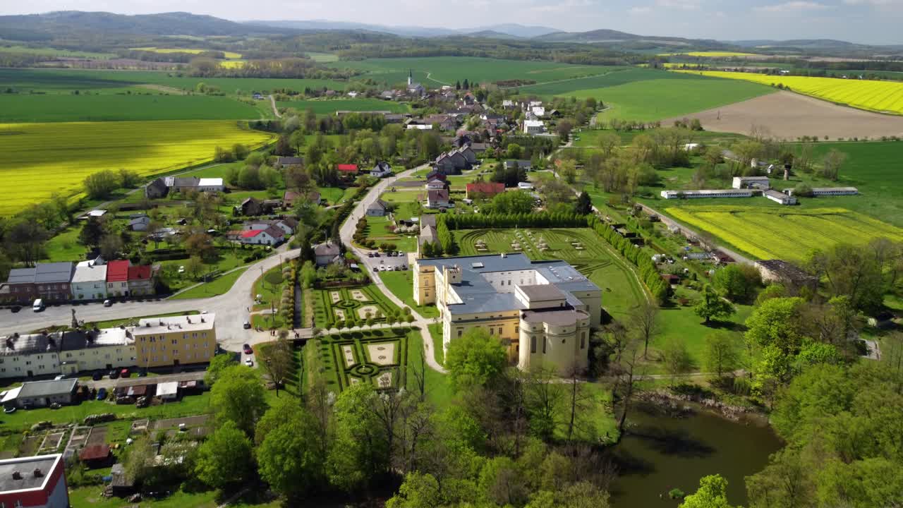 State Slezké Rudoltice Castle called pearl of Osoblazsko. Castle is a uniquely preserved complex of baroque buildings and garden architecture, Czech Republic 4K