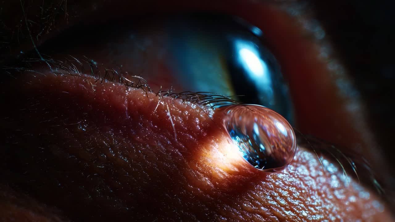 Close-up Visual Exploration of a Tear on the Eyelid, Capturing the Intricate Details of Emotion and the Beauty of Human Experience in Two Distinct Frames