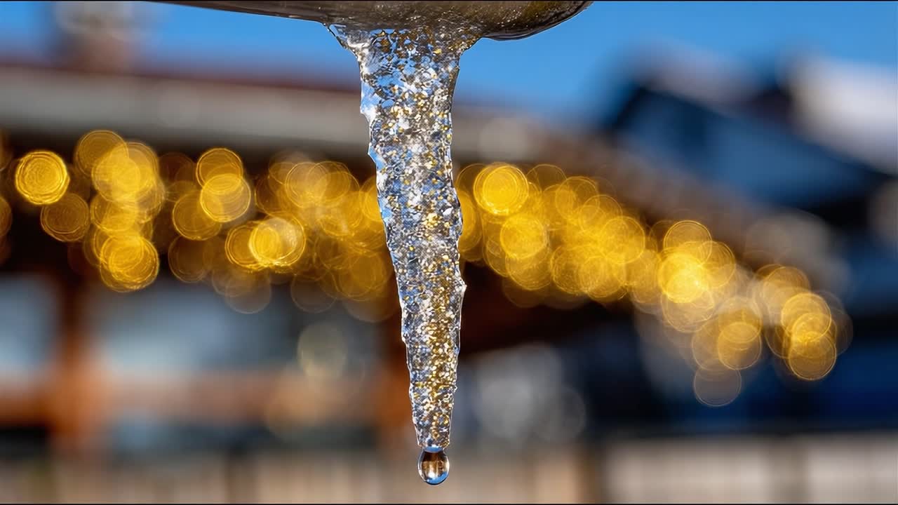 A Sparkling Icicle Suspended With Golden Bokeh Background Captures the Essence of Winter's Beauty and Fragility in Two Stunning Frames