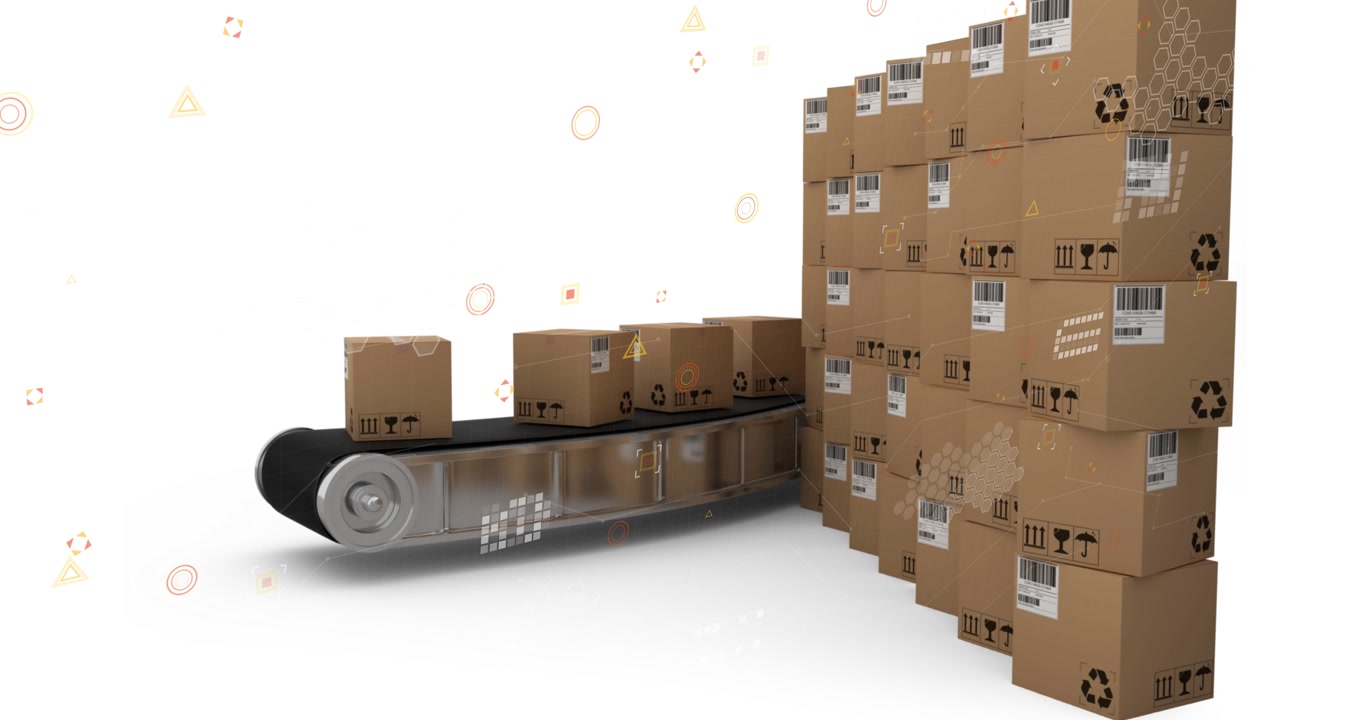 Animation of shapes over boxes on white background