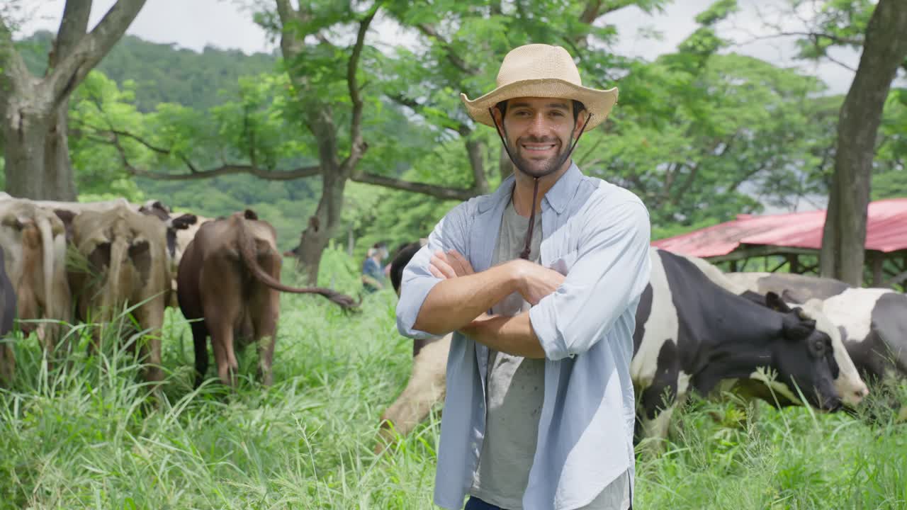 Smiling Farmer in a Field with Cows