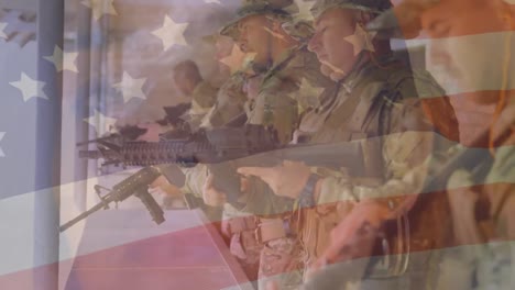 animation of flag of america over diverse soldiers standing in line holding guns