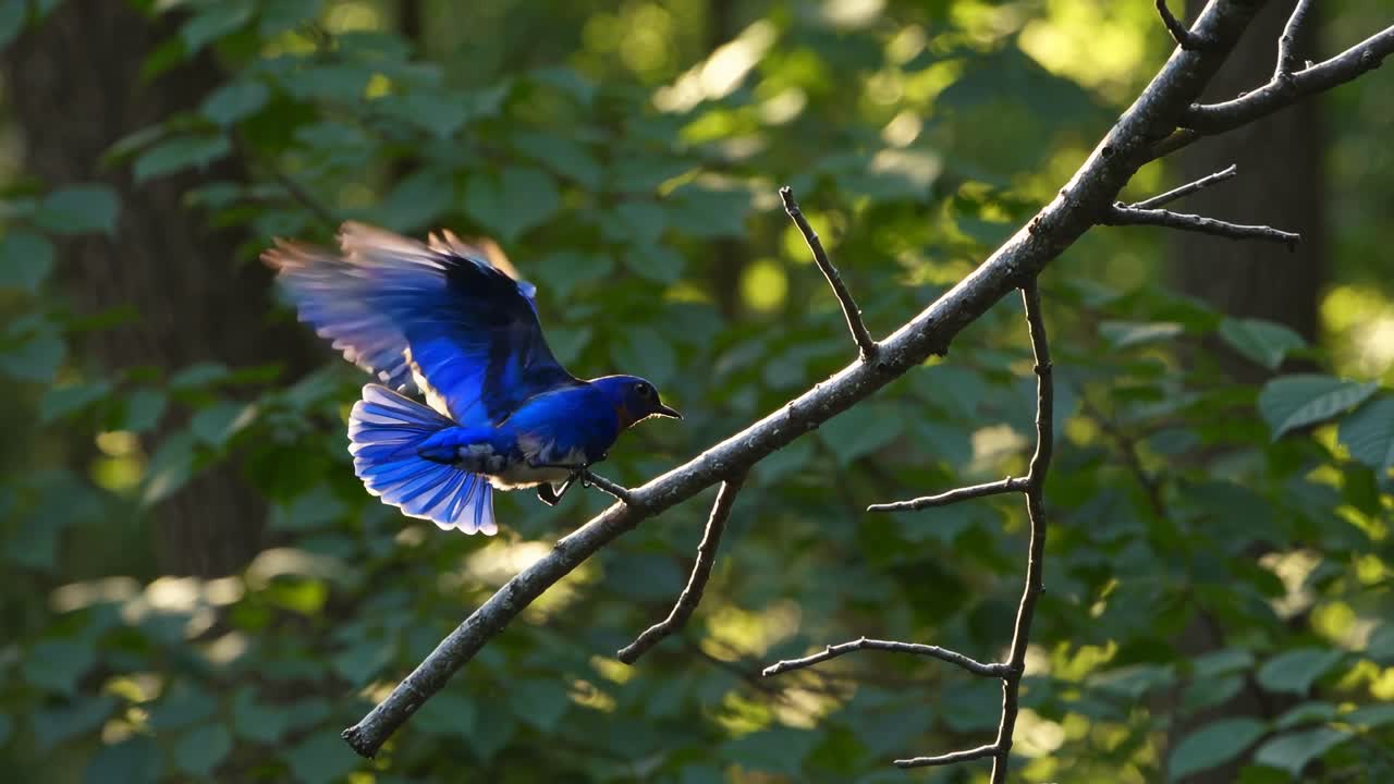 A vibrant blue bird perched on a branch in a lush forest. Captured from a side angle