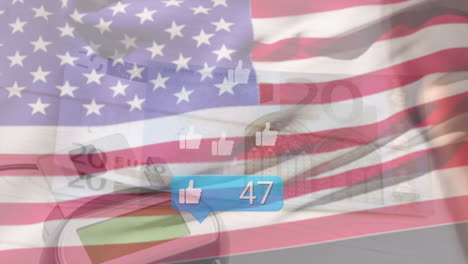 animación de iconos de medios sobre la bandera de los estados unidos y los billetes de banco