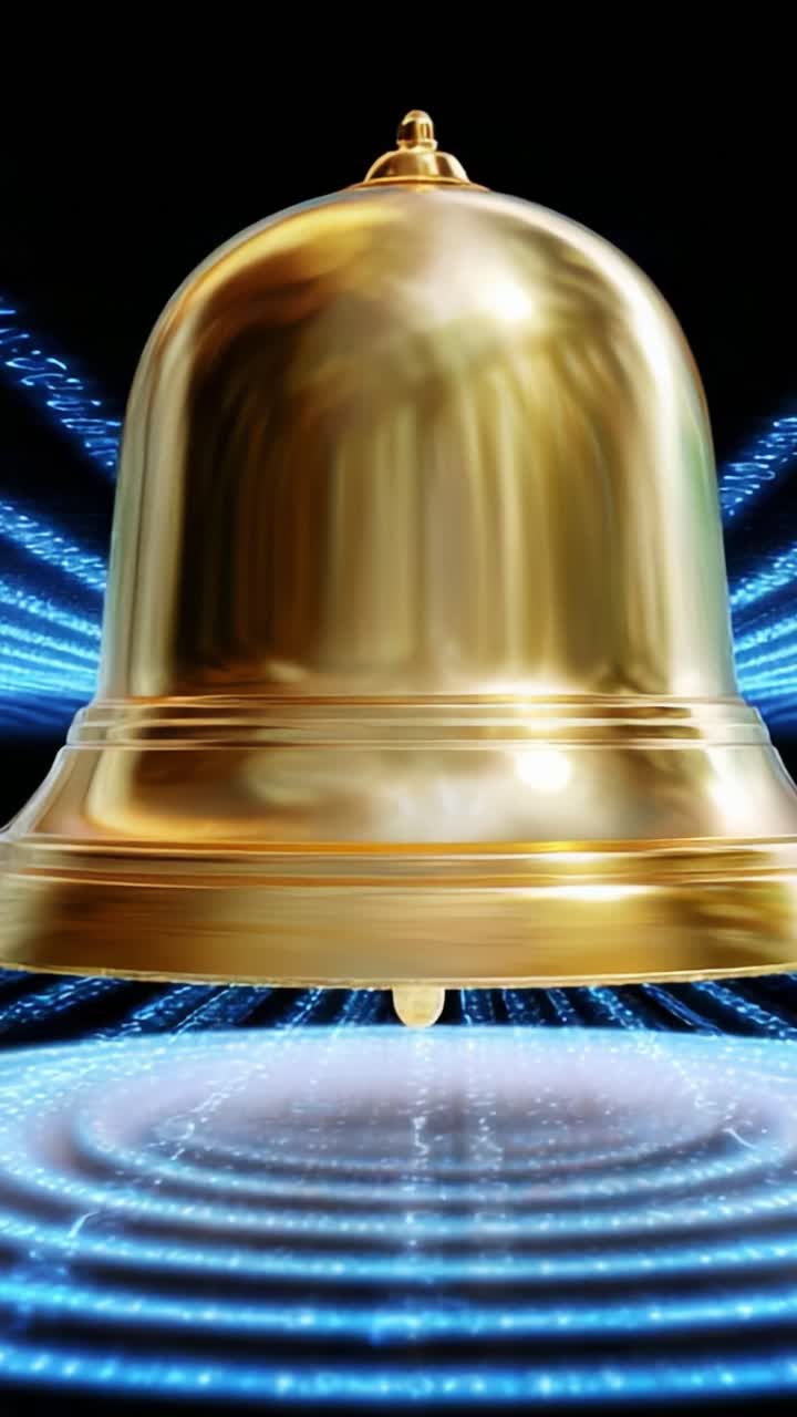 Una rappresentazione visiva dinamica di una campana dorata circondata da onde di luce pulsanti, che illustra il movimento e l'energia, catturata attraverso due aree di lavoro distinte per un'esperienza visiva coinvolgente e accattivante